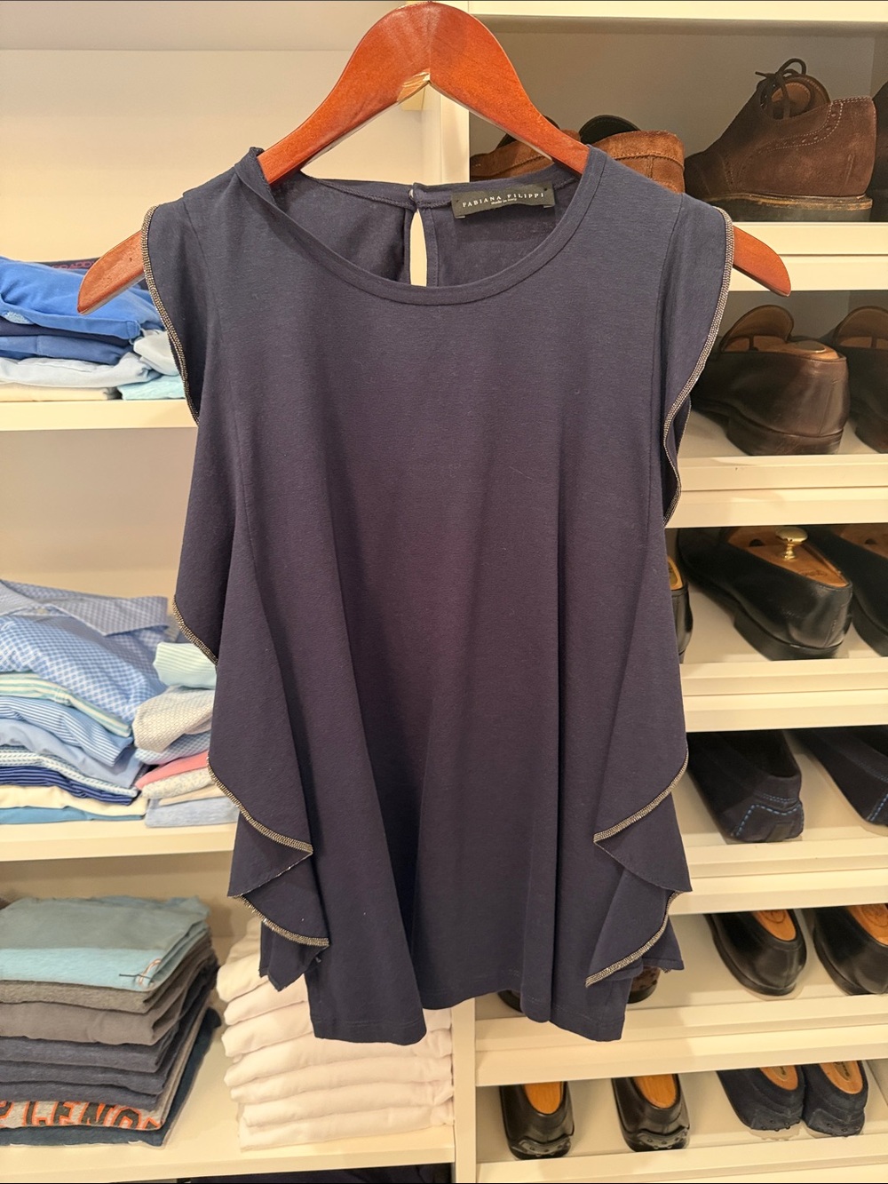 Fabiana Filippi Navy Ruffle-Trim Sleeveless Tank